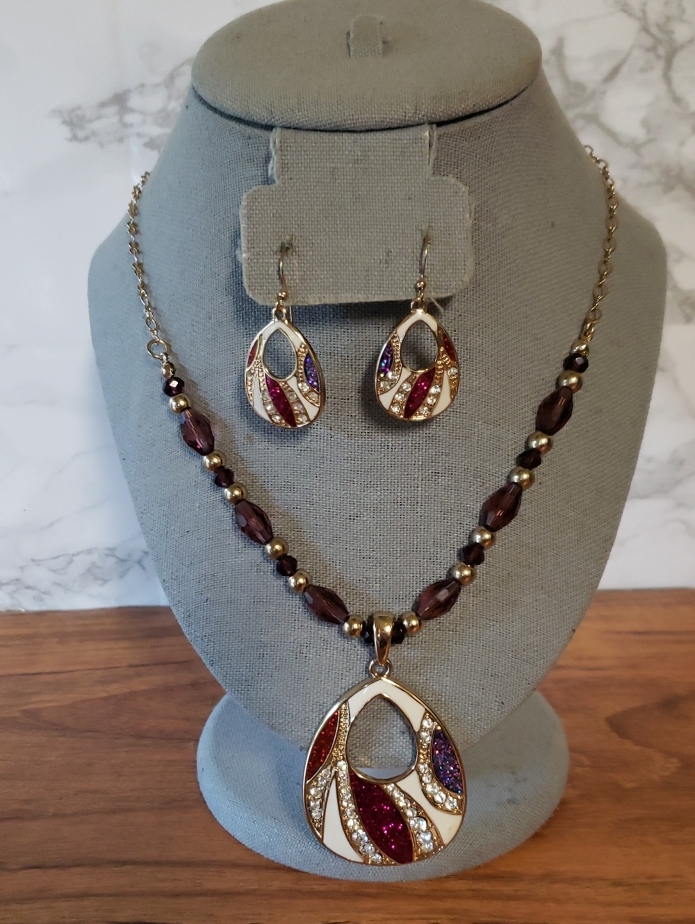 Multicolor Crystals & Goldtone Teardrop Pendant Necklace & Earrings Set